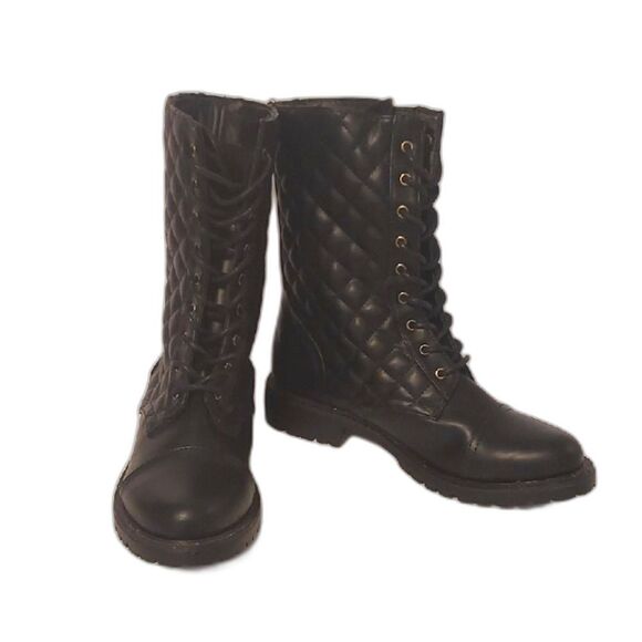 Combat Boots Motorcycle Boots Black Quilted Lace-Up  Size 7 Lug Sole - Picture 1 of 11